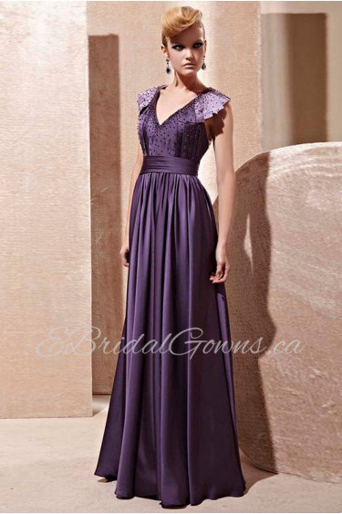 V-neck Floor-length Sleeveless Satin Formal Prom / Evening Dress