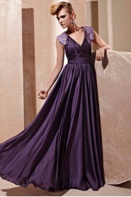 V-neck Floor-length Sleeveless Satin Formal Prom / Evening Dress