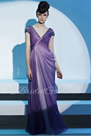 V-neck Floor-length Short Sleeve Chiffon Formal Prom / Evening Dress