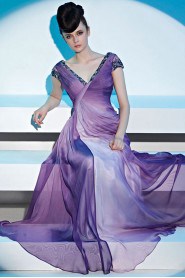 V-neck Floor-length Short Sleeve Chiffon Formal Prom / Evening Dress