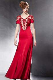 V-neck Floor-length Short Sleeve Lace Formal Prom / Evening Dress