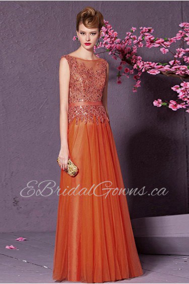 Bateau Floor-length Sleeveless Tulle Formal Prom / Evening Dress