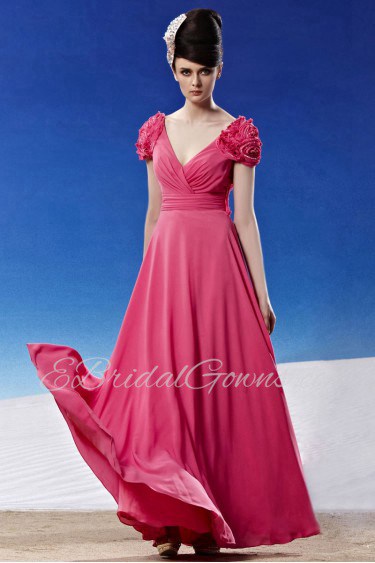 V-neck Floor-length Short Sleeve Chiffon Formal Prom / Evening Dress