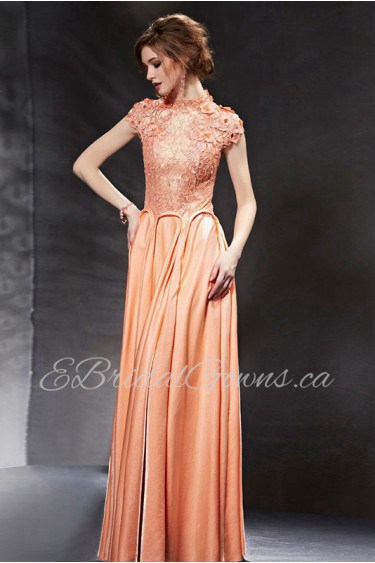 High Neck Floor-length Short Sleeve Satin Formal Prom / Evening Dress