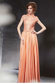 High Neck Floor-length Short Sleeve Satin Formal Prom / Evening Dress