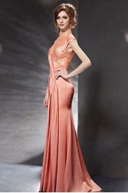 High Neck Floor-length Short Sleeve Satin Formal Prom / Evening Dress