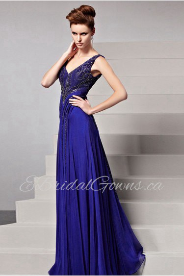 V-neck Floor-length Sleeveless Chiffon Formal Prom / Evening Dress