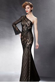 One Shoulder Floor-length Long Sleeve Lace,Satin Formal Prom / Evening Dress