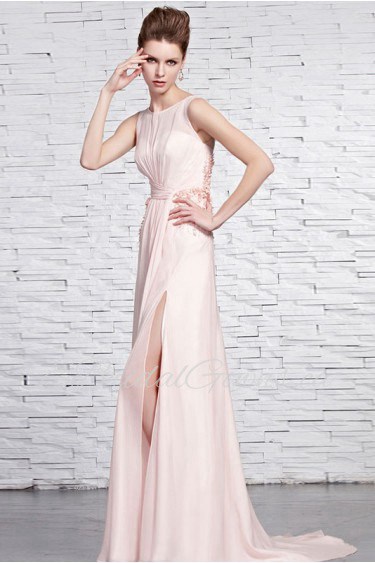 Bateau Floor-length Sleeveless Tulle,Chiffon Formal Prom / Evening Dress