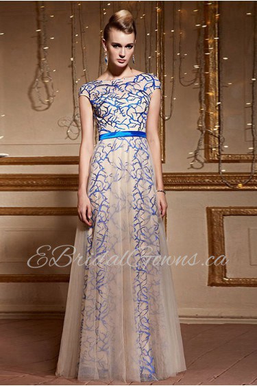 Bateau Floor-length Short Sleeve Tulle Formal Prom / Evening Dress