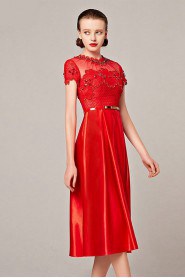 Jewel Tea-length Short Sleeve Satin Cocktail Party Dress