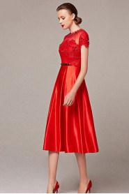 Jewel Tea-length Short Sleeve Satin Cocktail Party Dress