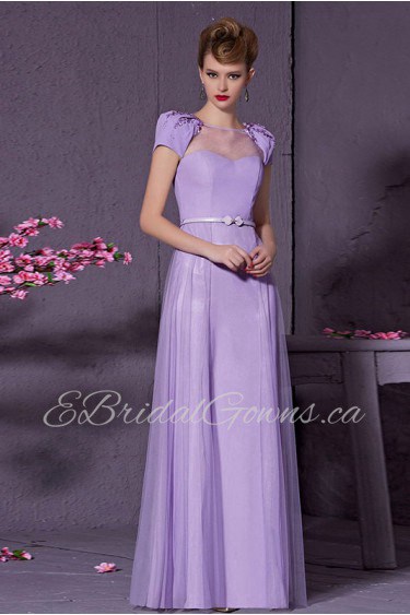 Bateau Floor-length Short Sleeve Satin Formal Prom / Evening Dress