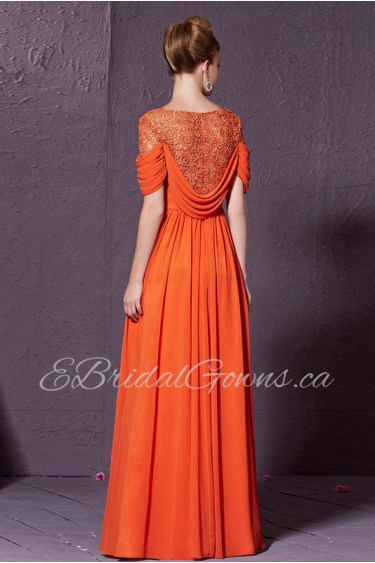 V-neck Floor-length Short Sleeve Satin Formal Prom / Evening Dress