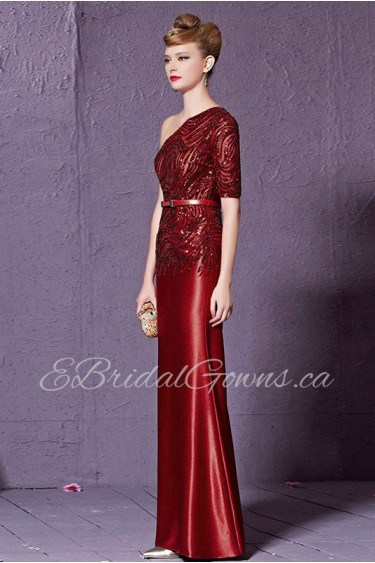 One Shoulder Floor-length Short Sleeve Satin Formal Prom / Evening Dress