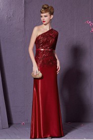 One Shoulder Floor-length Short Sleeve Satin Formal Prom / Evening Dress