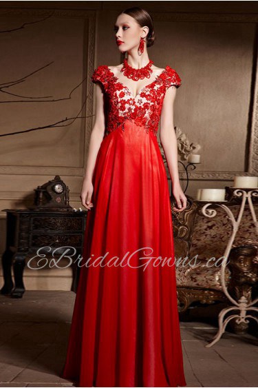 V-neck Floor-length Short Sleeve Lace,Satin Formal Prom / Evening Dress