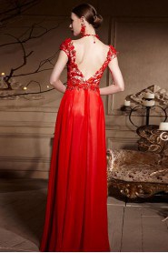 V-neck Floor-length Short Sleeve Lace,Satin Formal Prom / Evening Dress