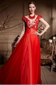 V-neck Floor-length Short Sleeve Lace,Satin Formal Prom / Evening Dress