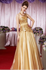 One Shoulder Floor-length Sleeveless Satin Formal Prom / Evening Dress