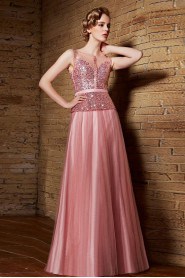 Bateau Floor-length Sleeveless Tulle Formal Prom / Evening Dress