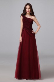 A-line One Shoulder Floor-length Prom / Evening Dress with Flower(s)