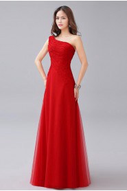 A-line One Shoulder Floor-length Prom / Evening Dress with Flower(s)