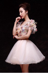 A-line V-neck Short / Mini Prom / Evening Dress with Flower(s)