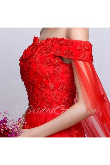 A-line Off-the-shoulder Floor-length Prom / Evening Dress with Flower(s)