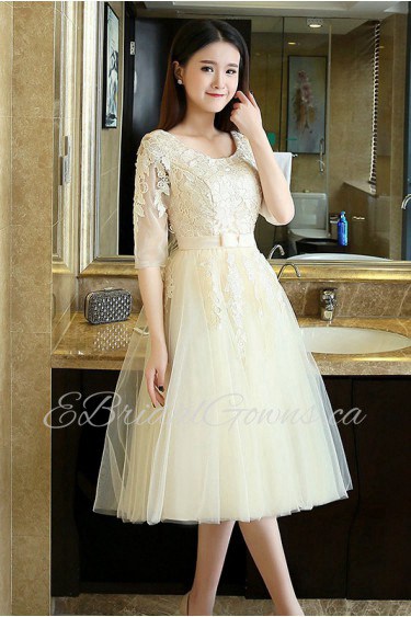 A-line Scoop Tea-length Prom / Evening Dress with Flower(s)