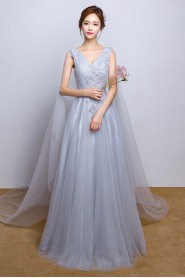 A-line V-neck Floor-length Prom / Evening Dress with Beading