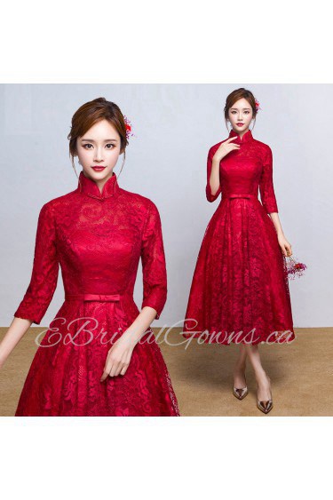 A-line High Neck Tea-length Prom / Evening Dress with Embroidery