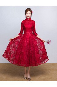 A-line High Neck Tea-length Prom / Evening Dress with Embroidery