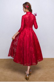 A-line High Neck Tea-length Prom / Evening Dress with Embroidery