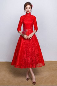 A-line High Neck Tea-length Prom / Evening Dress with Embroidery