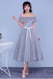 Ball Gown Off-the-shoulder Tea-length Prom / Evening Dress with Flower(s)