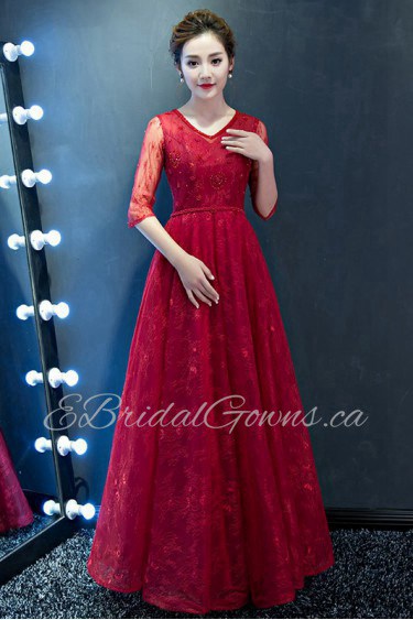 A-line V-neck Floor-length Prom / Evening Dress with Embroidery