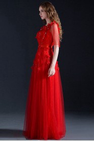 A-line Scoop Floor-length Prom / Evening Dress with Flower(s)