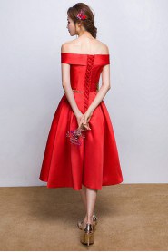 A-line Off-the-shoulder Tea-length Prom / Evening Dress with Embroidery