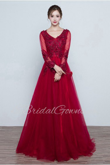 A-line V-neck Prom / Evening Dress with Flower(s)