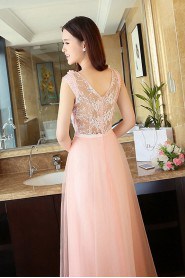 A-line V-neck Ankle-length Prom / Evening Dress with Flower(s)