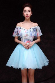 A-line Off-the-shoulder Short / Mini Prom / Evening Dress with Flower(s)