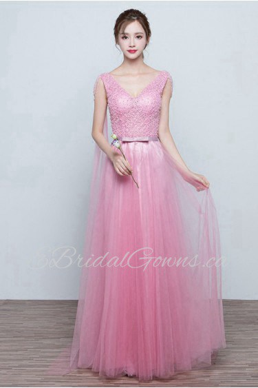 A-line V-neck Floor-length Prom / Evening Dress with Beading