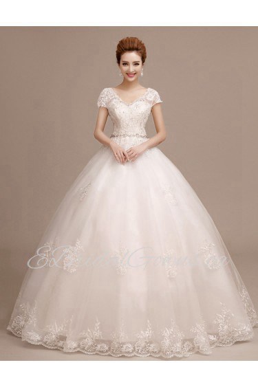 Ball Gown V-neck Cap Sleeve Wedding Dress with Crystal