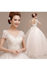 Ball Gown V-neck Cap Sleeve Wedding Dress with Crystal