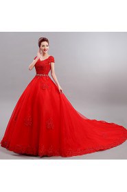 Ball Gown V-neck Cap Sleeve Wedding Dress with Crystal