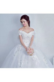 Ball Gown Off-the-shoulder Short Sleeve Wedding Dress with Crystal