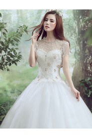 Ball Gown Jewel Short Sleeve Wedding Dress with Pearl