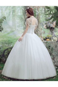 Ball Gown Jewel Short Sleeve Wedding Dress with Pearl