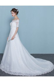 A-line Off-the-shoulder Half Sleeve Wedding Dress with Flower(s)